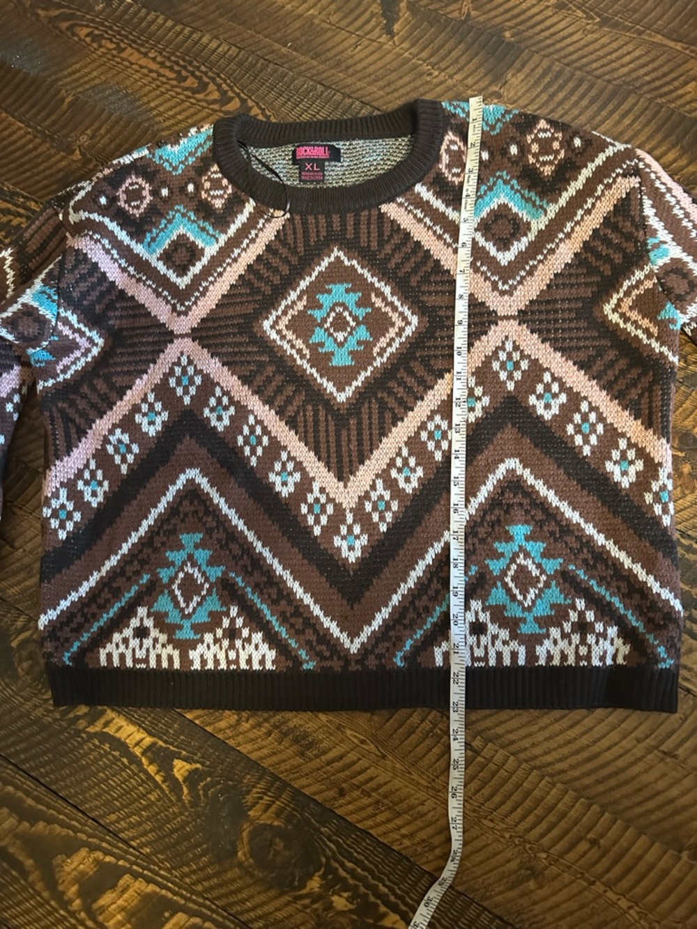 Rock & Roll Cowgirl Brown, Teal & Pink Aztec Knit Sweater